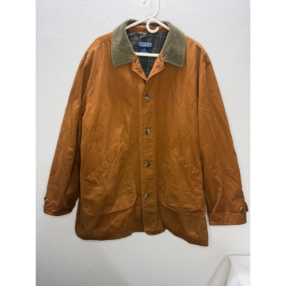 Lands End Mens XL Tall Barn Coat Brown Cotton Canvas Corduroy Collar Plaid Lined